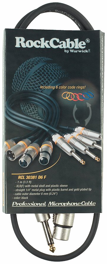 RockCable Microphone Cable - XLR (female) / TS (6.3 mm / 1/4"), Color Coded - 1 m / 3.3 ft