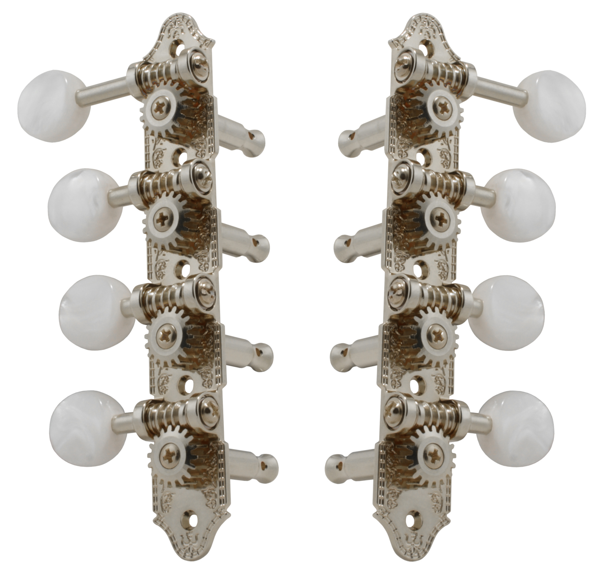 Grover 409FN Professional Mandolin Machines with Pearloid Button - Mandolin Machine Heads, Standard 4 + 4, for "F"-Style Mandolins - Nickel