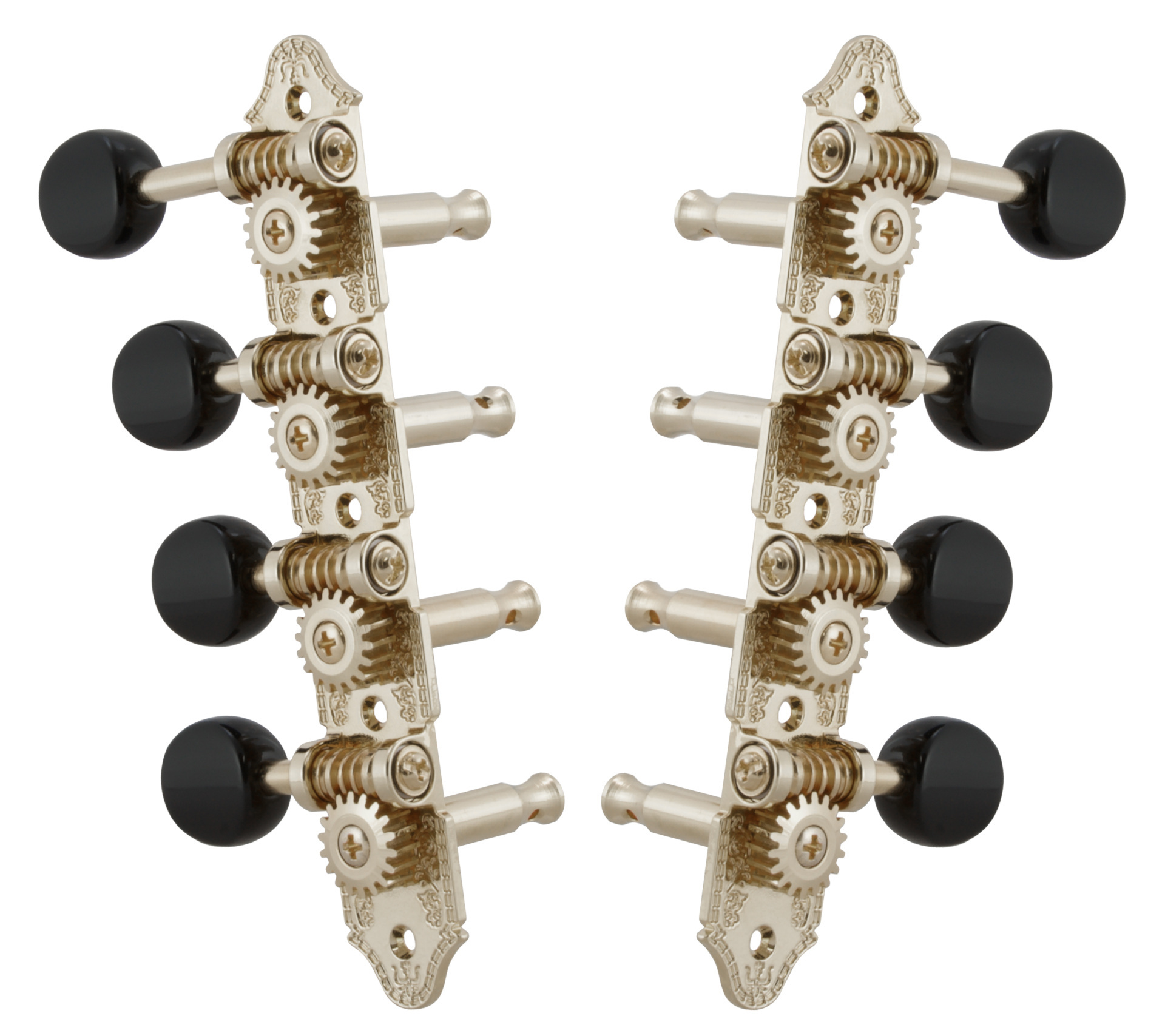 Grover 409FNB Professional Mandolin Machines with Black Button - Mandolin Machine Heads, Standard 4 + 4, for "F"-Style Mandolins - Nickel