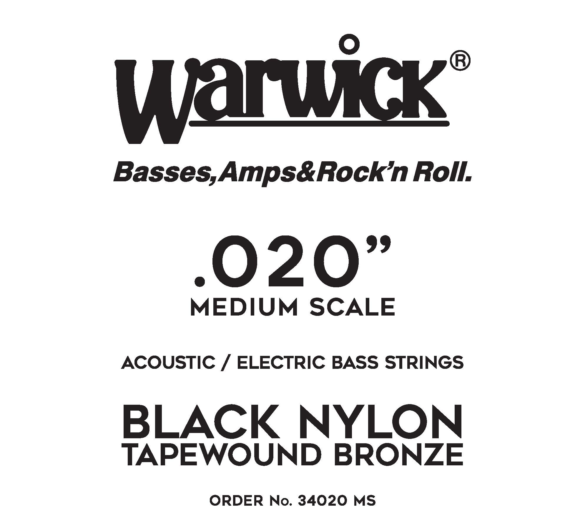 Warwick Black Nylon Tapewound Acoustic / Electric - Bass Single String, .020", Medium Scale