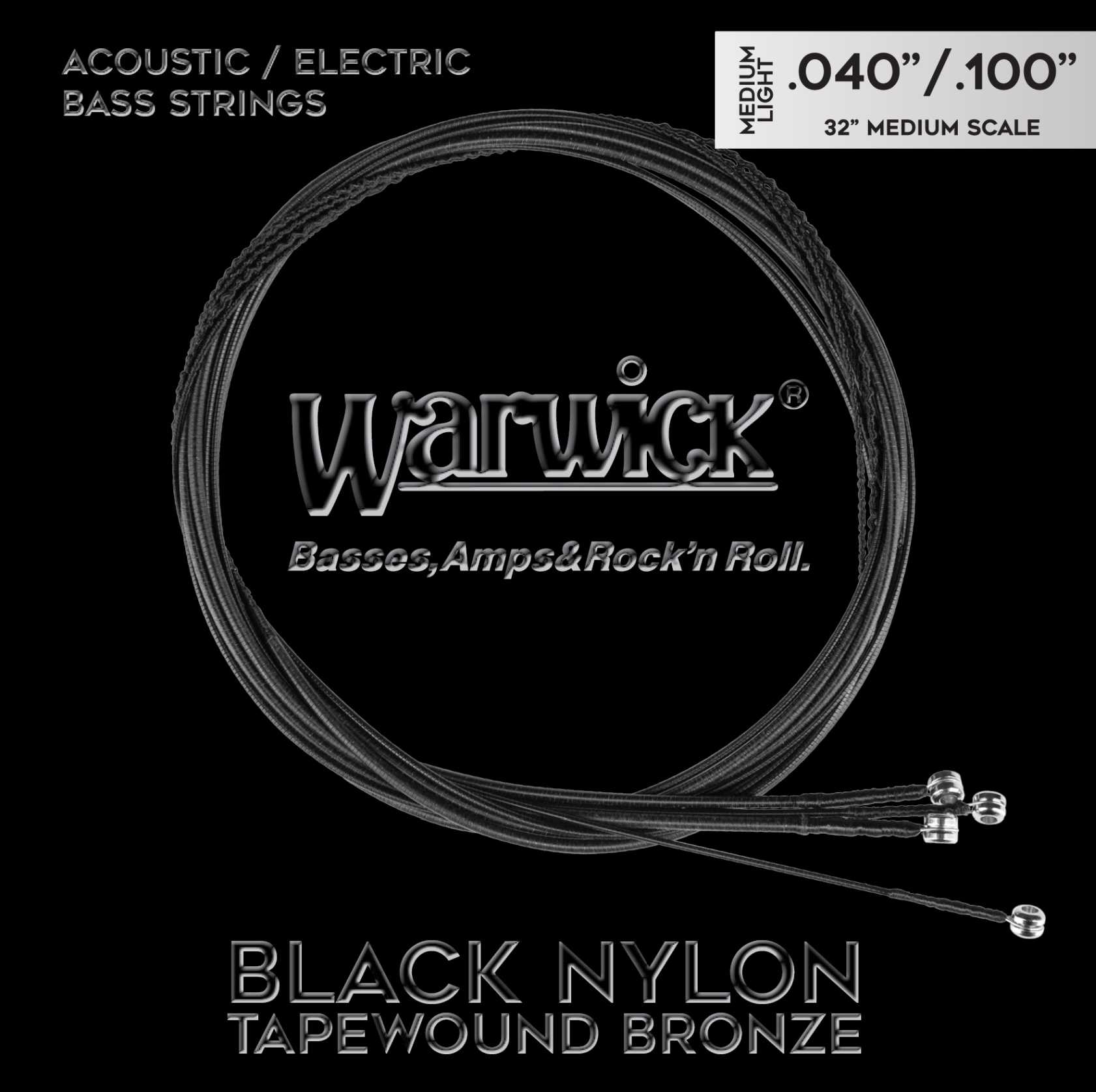 Warwick Black Nylon Tapewound Acoustic / Electric Bass String Set - 4-String, Medium Light, 040"-.100", Medium Scale