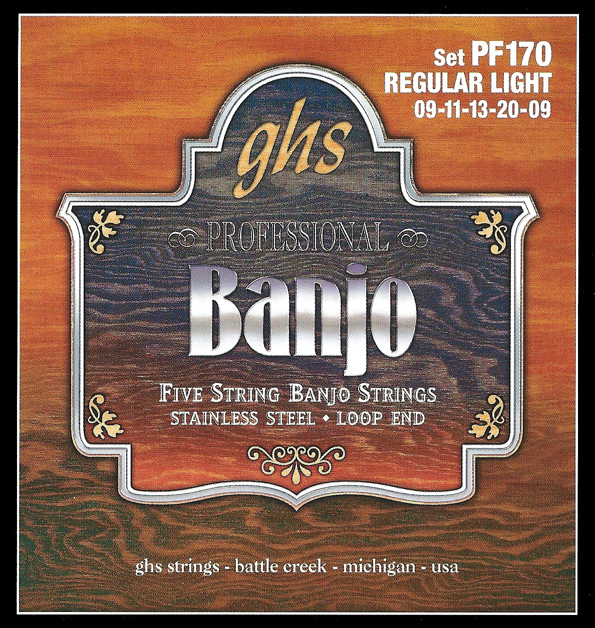 GHS Professional - PF170 - Banjo String Set, 5-String, Loop End, Stainless Steel, Regular Light, .009-.020