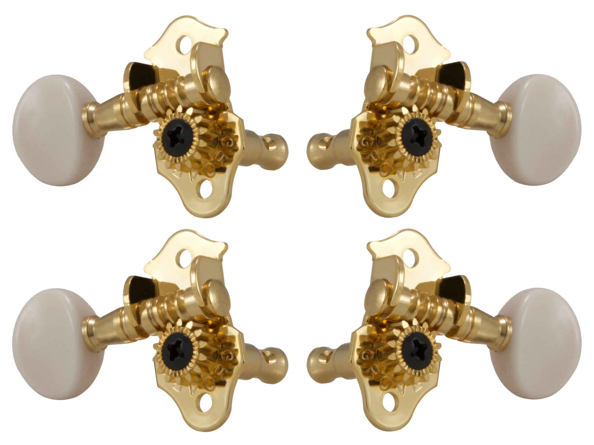 Grover 9GW Sta-Tite Geared Ukulele Pegs with White Button - 4 pcs. - Gold