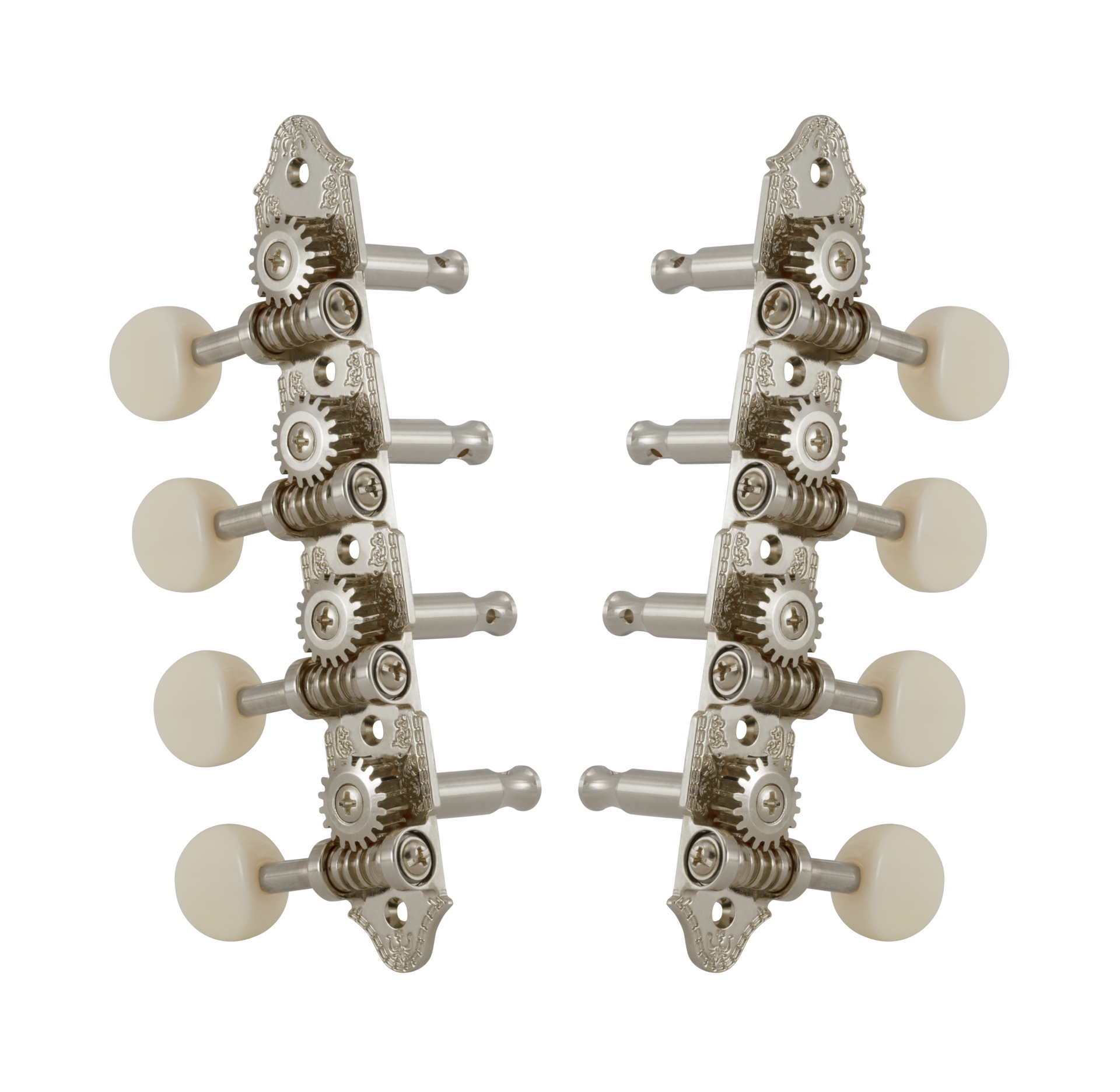 Grover 409VNW Professional Mandolin Machines with White Button - Mandolin Machine Heads, Standard 4 + 4, for "A"-Style Mandolins - Nickel