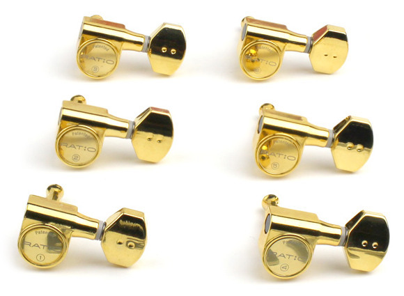 Graph Tech PRN-2721-G0 Ratio Electric Guitar Machine Heads with Mini Contemporary Button - 6-in-Line, Bass Side (Left) - Gold
