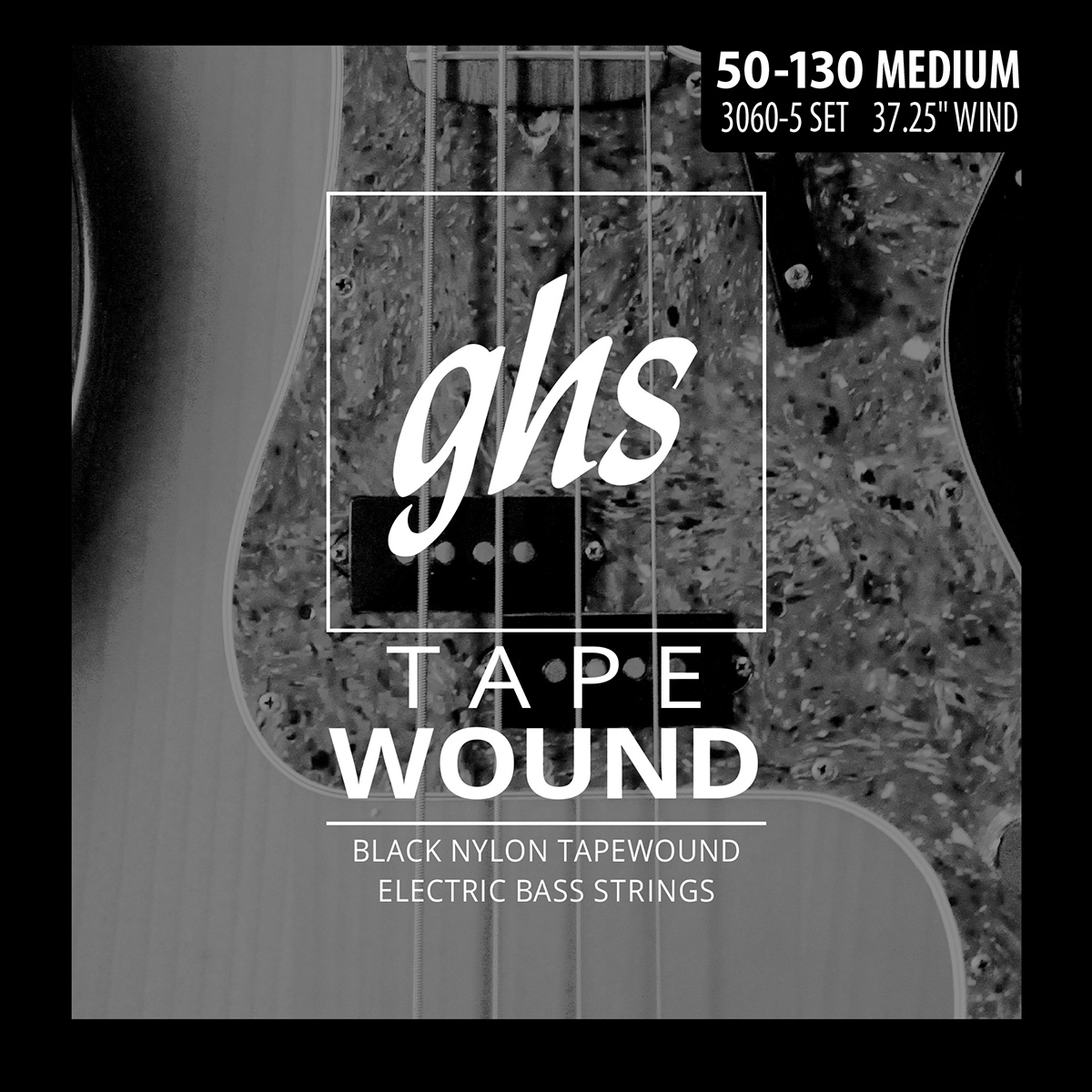 GHS 3060-5 Tape Wound - Electric Bass String Set, 5-String, Medium .050-130" - Black Nylon Tape Wound
