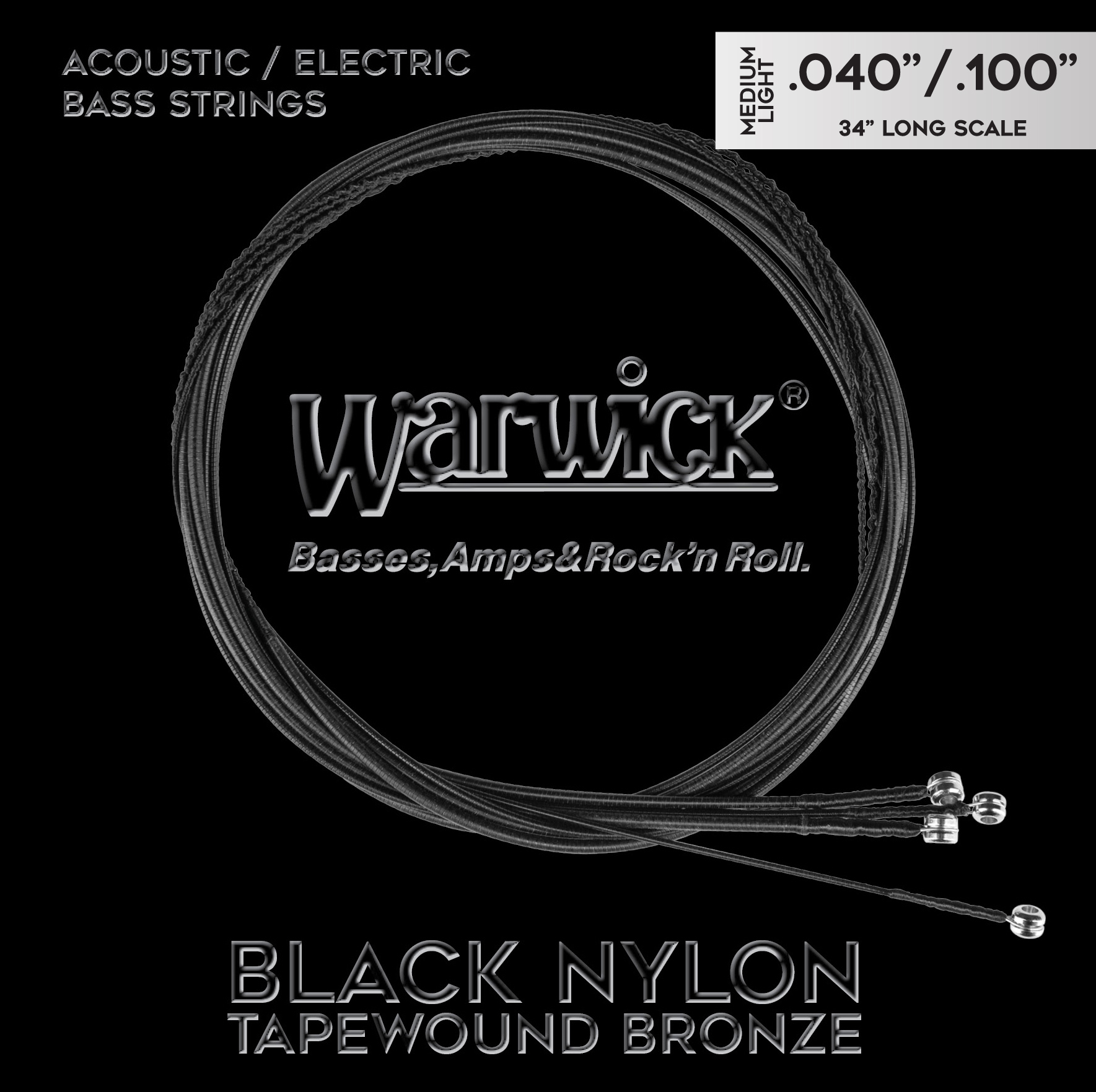 Warwick Black Nylon Tapewound Acoustic / Electric Bass String Set - 4-String, Medium Light, 040"-.100", Long Scale