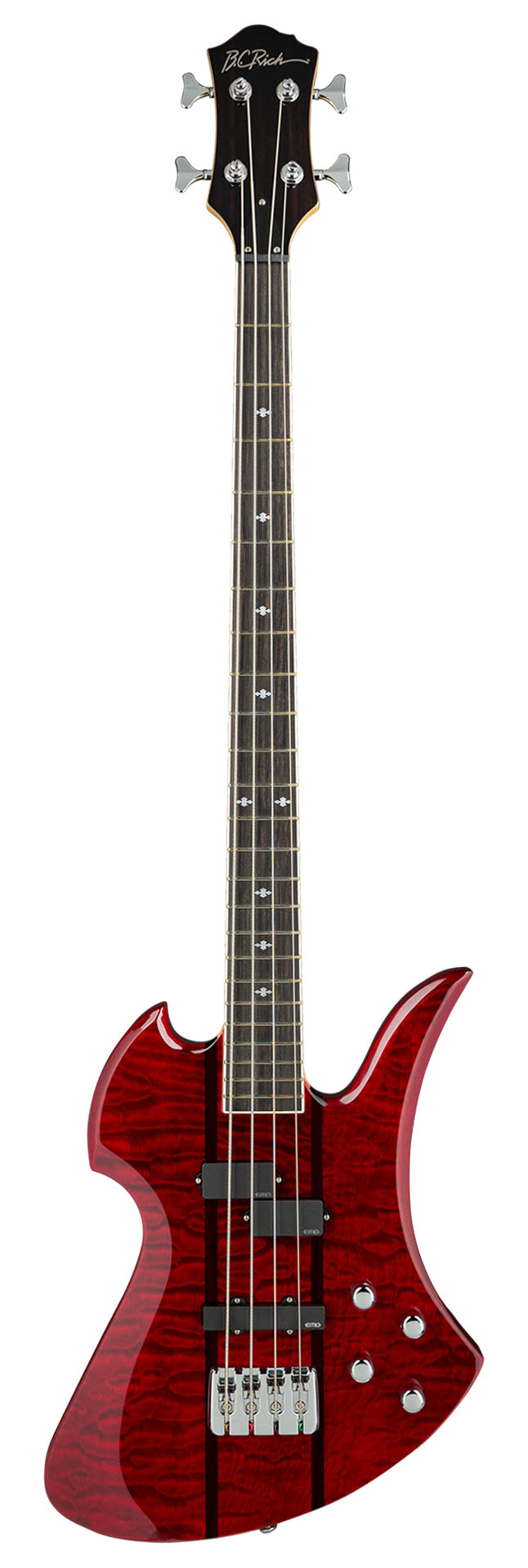 B.C. Rich Heritage Classic Mockingbird Bass, 4-String - Quilted Maple Top, Transparent Red