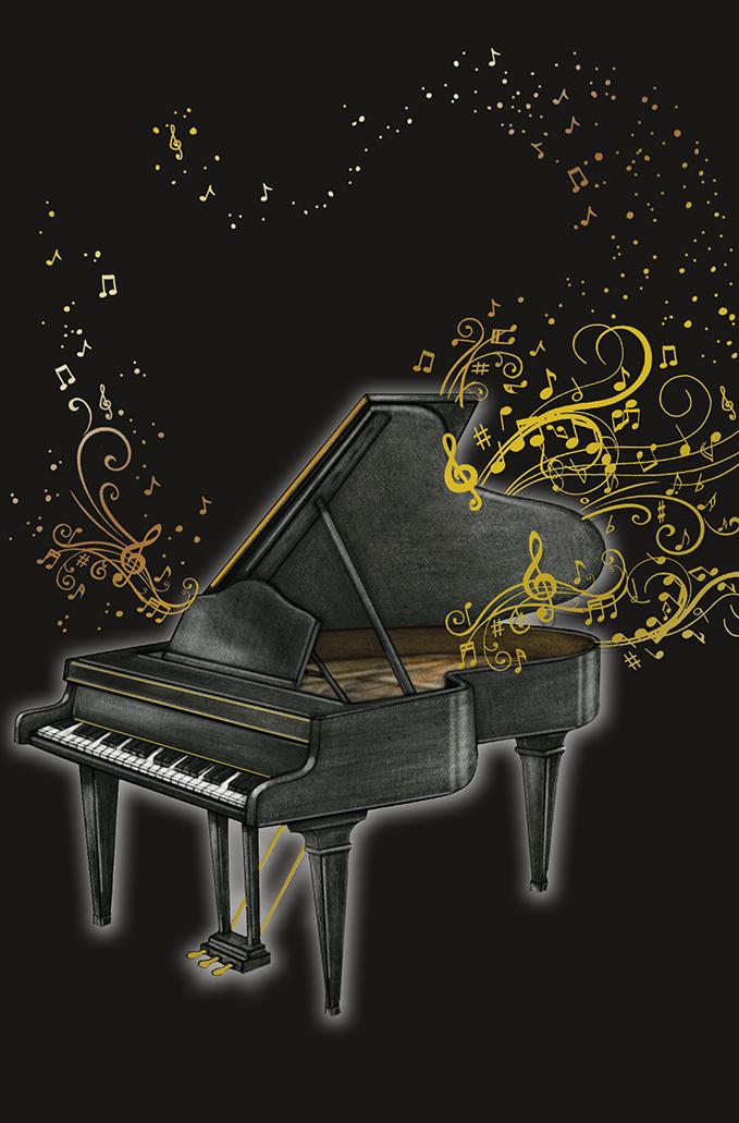 Doppelkarte Piano und goldene Noten
