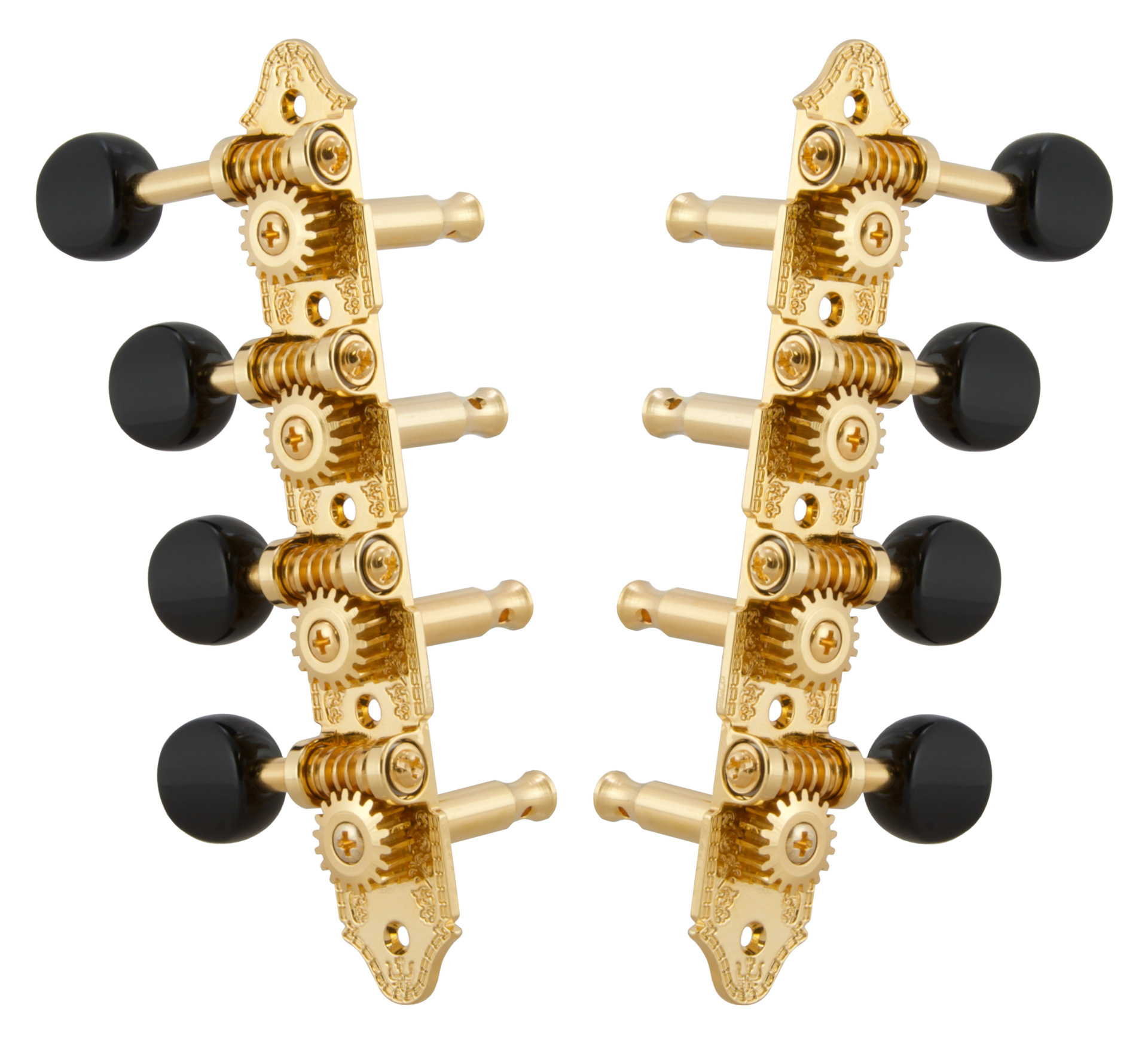 Grover 409FGB Professional Mandolin Machines with Black Button - Mandolin Machine Heads, Standard 4 + 4, for "F"-Style Mandolins - Gold