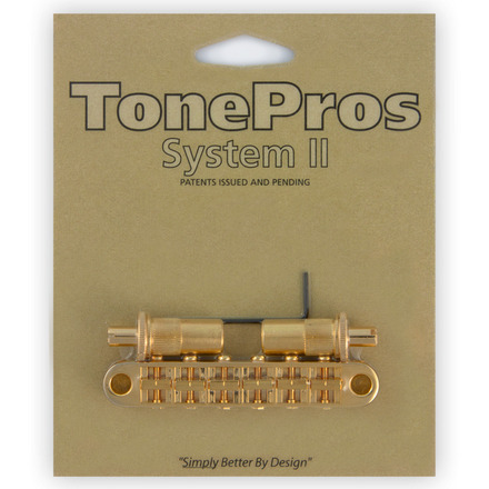 TonePros TPFA G - Metric Aluminum Tune-O-Matic Bridge with Bell Brass Saddles (Large Posts / Notched Saddles) - Gold