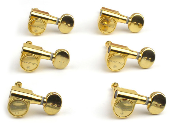 Graph Tech PRN-2731-G0 Ratio Electric Guitar Machine Heads with Classic Button - 6-in-Line, Bass Side (Left) - Gold