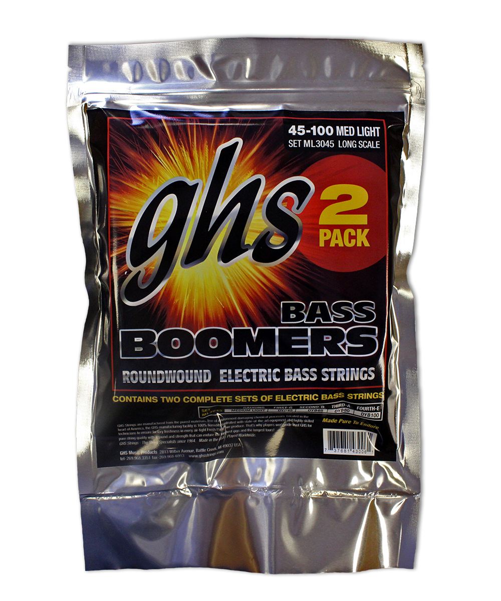 GHS Bass Boomers - ML3045 - Bass String Set, 4-String, Medium Light, .045-.100, 2-Pack