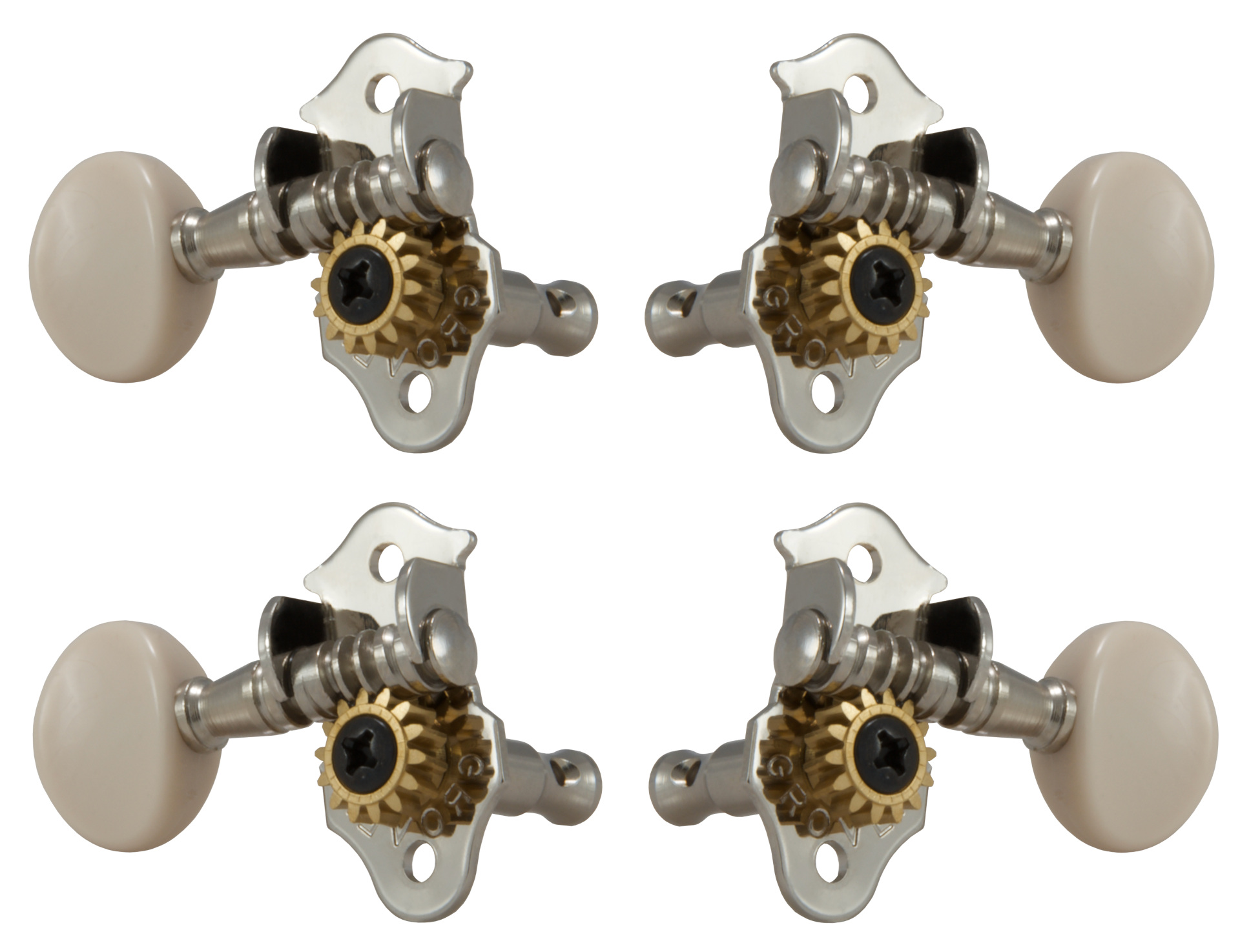 Grover 9NW Sta-Tite Geared Ukulele Pegs with White Button - 4 pcs. - Nickel
