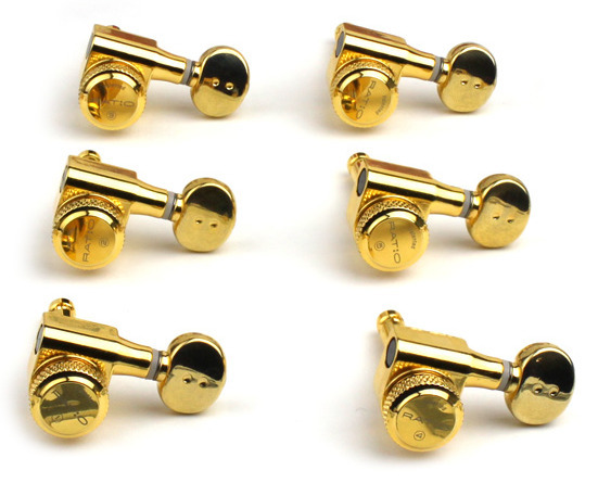 Graph Tech PRL-8731-G0 Ratio Electric Locking Machine Heads with Classic Button - 6-in-Line, Bass Side (Left) - Gold