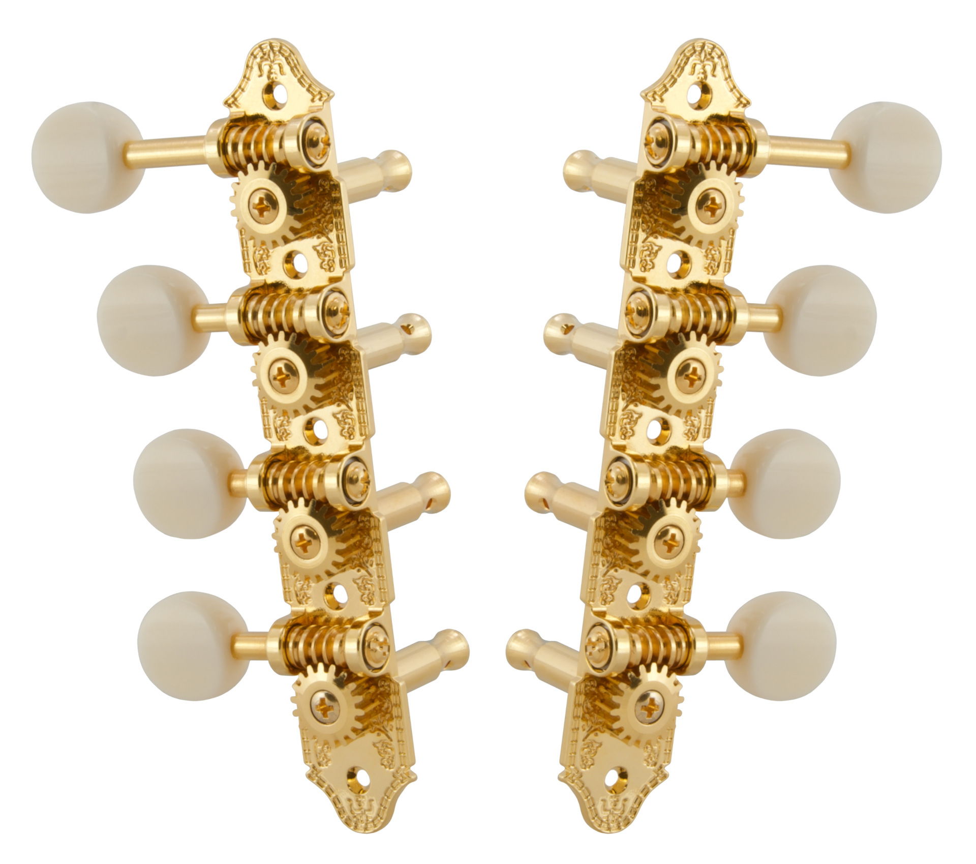 Grover 409FGW Professional Mandolin Machines with White Button - Mandolin Machine Heads, Standard 4 + 4, for "F"-Style Mandolins - Gold