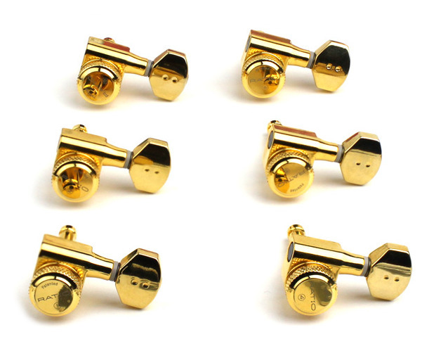 Graph Tech PRL-8721-G0 Ratio Electric Locking Machine Heads with Mini Contemporary Button - 6-in-Line, Bass Side (Left) - Gold