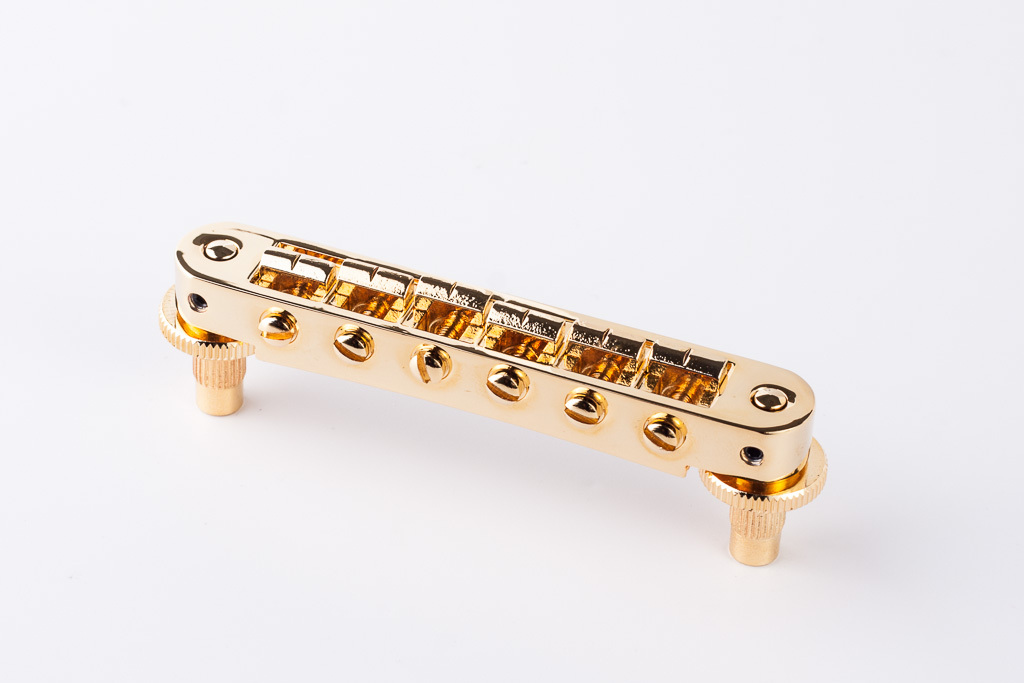 TonePros TP6A G - Standard Aluminium Tune-O-Matic Bridge with Bell Brass Saddles (Small Posts / Notched Saddles) - Gold