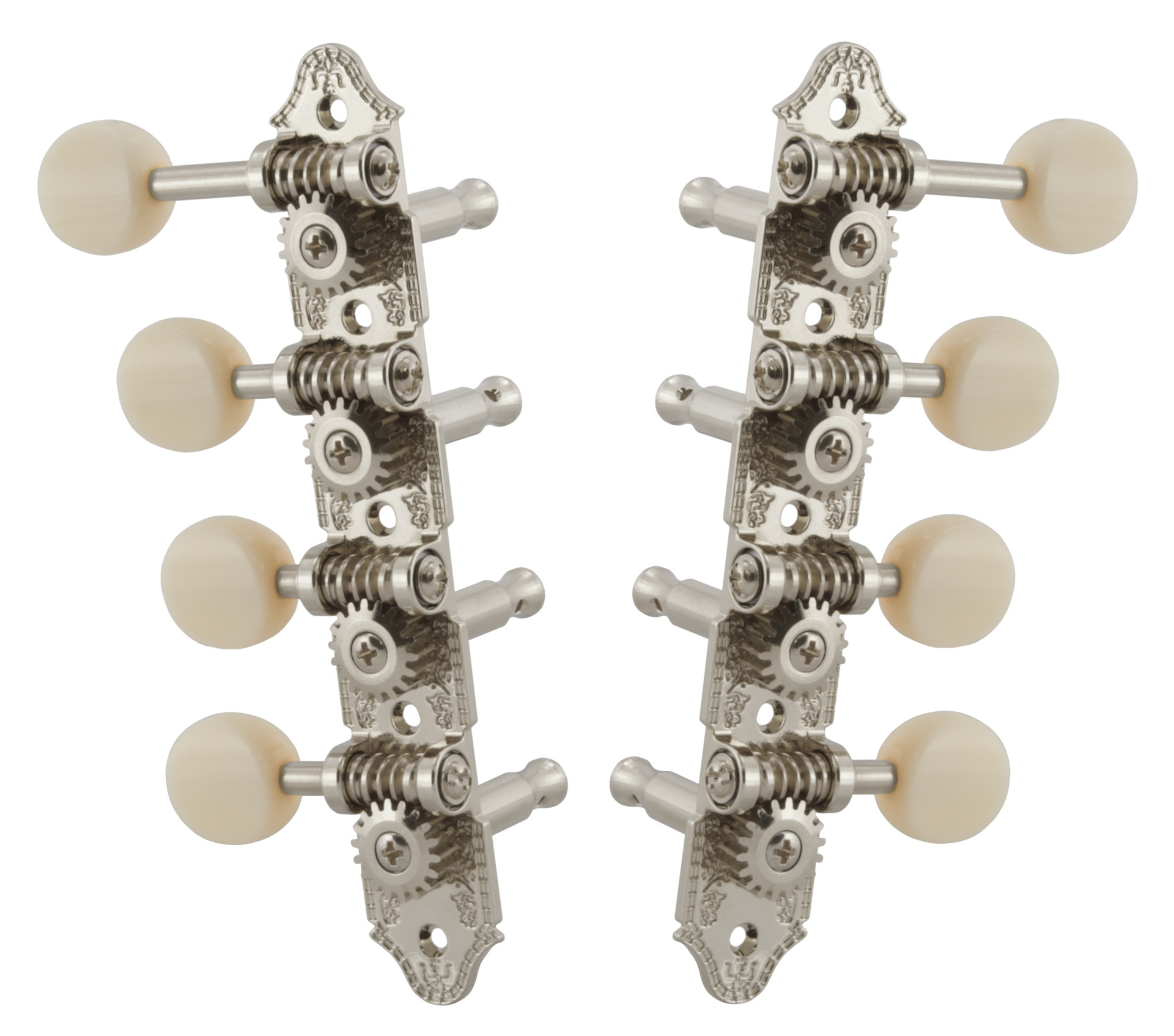 Grover 409FNW Professional Mandolin Machines with White Button - Mandolin Machine Heads, Standard 4 + 4, for "F"-Style Mandolins - Nickel