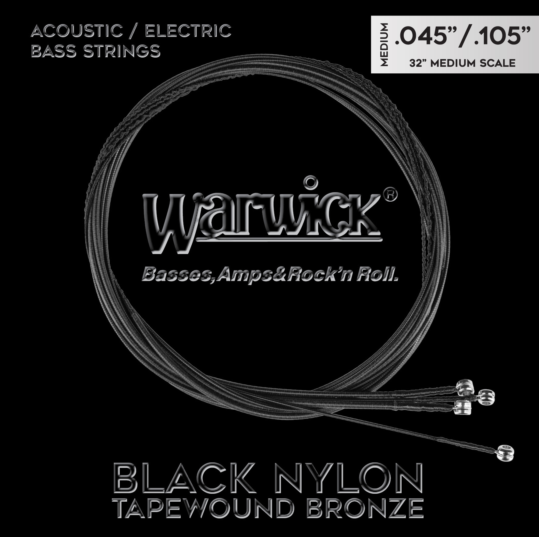 Warwick Black Nylon Tapewound Acoustic / Electric Bass String Set - 4-String, Medium, 045"-.105", Medium Scale