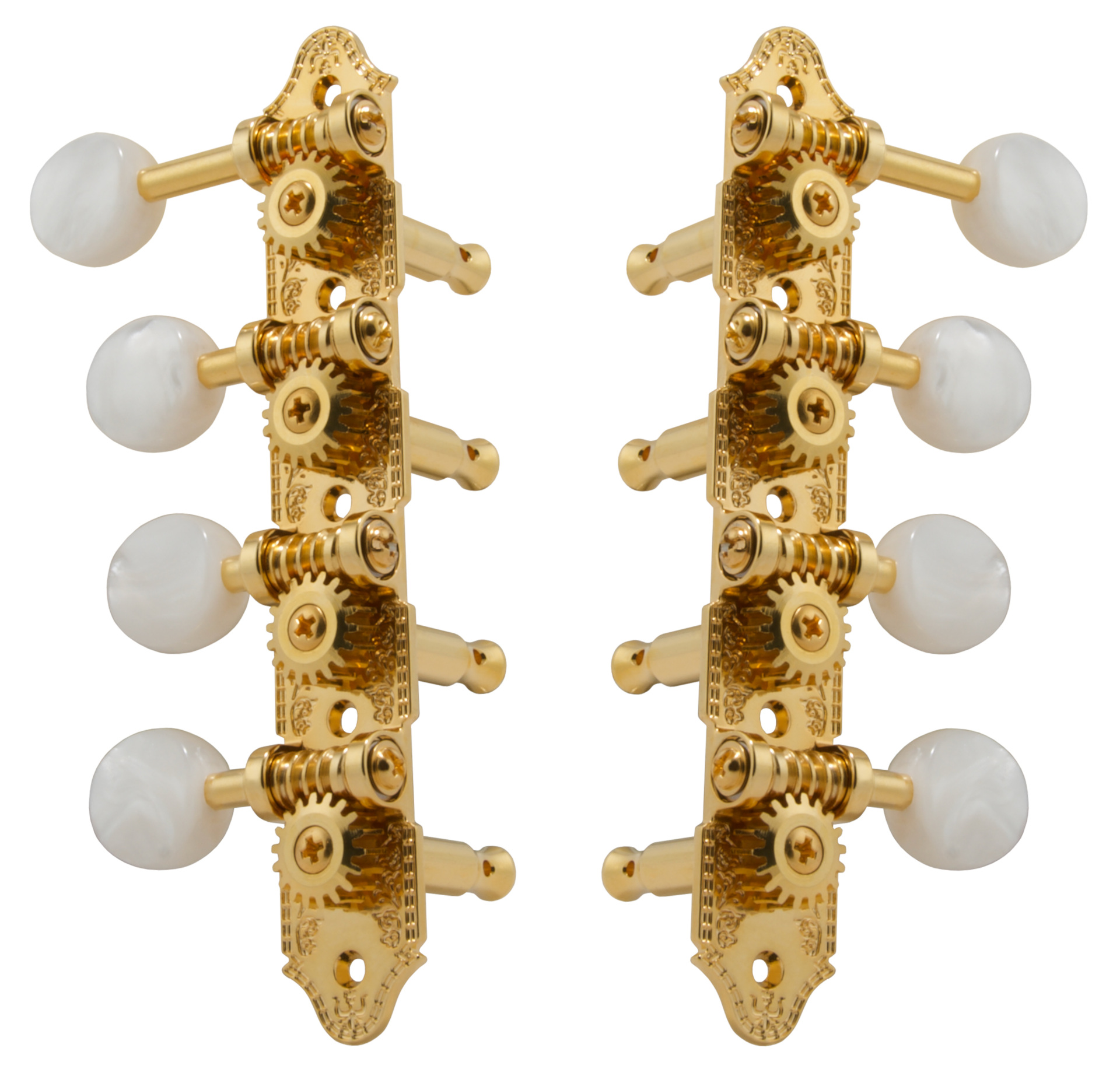 Grover 409FG Professional Mandolin Machines with Pearloid Button - Mandolin Machine Heads, Standard 4 + 4, for "F"-Style Mandolins - Gold