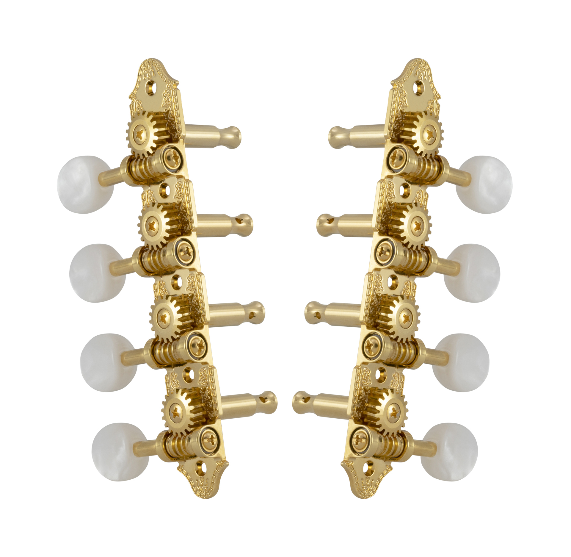 Grover 409VG Professional Mandolin Machines with Pearloid Button - Mandolin Machine Heads, Standard 4 + 4, for "A"-Style Mandolins - Gold
