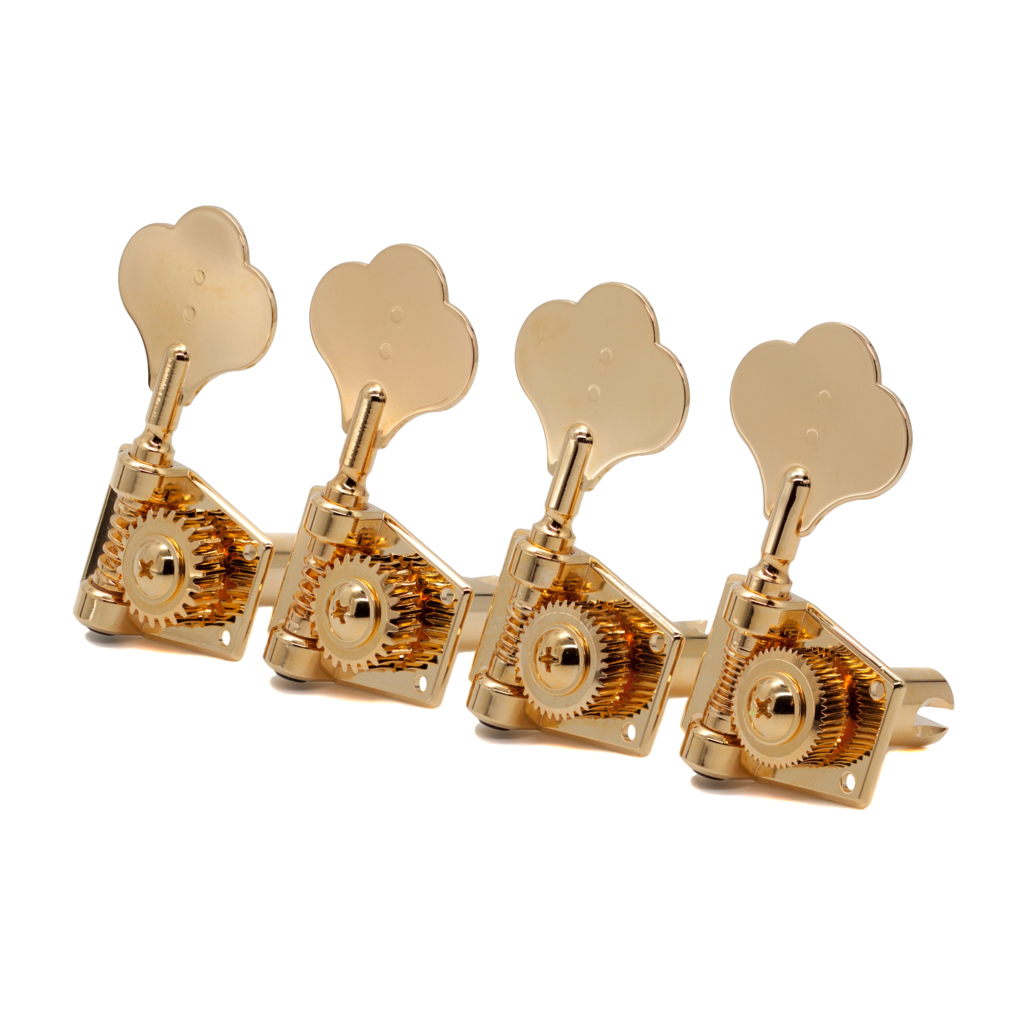 Graph Tech PRB-4401-G0 Ratio Bass Machine Heads, Open Back with Classic Clover Leaf Button - 4-String, 4-in-Line, Bass Side (Left) - Gold